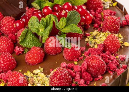 Dettaglio torta al cioccolato decorata con lamponi e foglie di menta, da vicino Foto Stock
