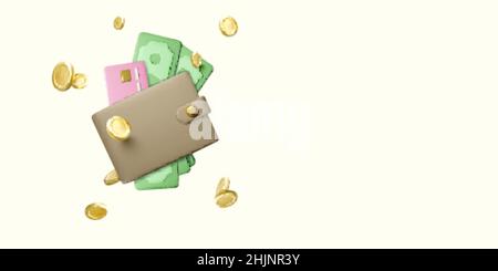 Portafoglio con valuta cartacea e carta di credito in stile cartoon realistico. 3D borsetta con dollari verdi e denaro volante. Illustrazione vettoriale Illustrazione Vettoriale