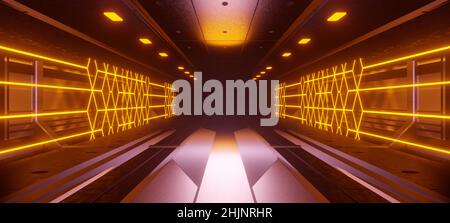 Concept Art Technology Club futuristico Hallway Spaceship Interior Awesome Neon incandescente con Saddle Brown colori concetto del futuro 3D Illustrazione Foto Stock