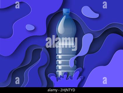 Modello poster acqua pura. Bottiglia di plastica realistica, schizzi di liquido tagliati in carta, illustrazione vettoriale. Illustrazione Vettoriale