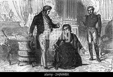 "Hortense de Beauharnais (1783-1837) lors de son entrevue avec Louis-Philippe Ier pour negocier son etablissement et celui de son fils Napoleon (futur Napoleon III) en France fin avril 1831" (Hortense de Beauharnais (1783-1837) durante la sua intervista a Louis-Philippe i per negoziare la sua costituzione in Francia e la misericordia di suo figlio Napoleone (futuro Napoleone III), aprile 1831) gravure tiree de 'Histoire du Second Empire' de Magen Collection privee Foto Stock