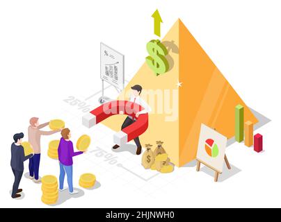 Schema Ponzi, piramide finanziaria, truffa degli investimenti, illustrazione isometrica vettoriale. MLM, marketing multilivello. Illustrazione Vettoriale