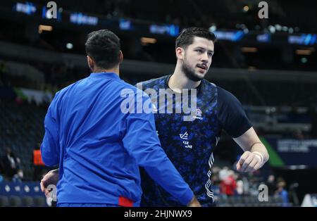 Nicolas Tournat di Francia si riscalda prima della partita di pallamano EHF Men's Euro 2022, Placement Match 3/4 tra Francia e Danimarca il 30 gennaio 2022 presso la Budapest Multifunctional Arena di Budapest, Ungheria - Foto: Laurent Lairys/DPPI/LiveMedia Foto Stock