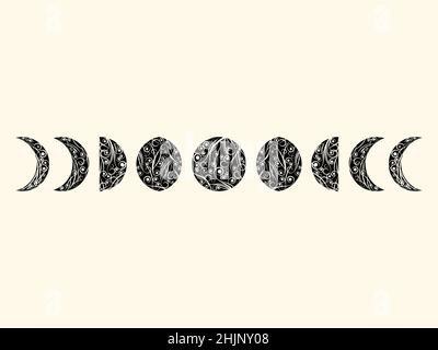 Luna con vortici in stile art deco. Fasi lunari. L'intero ciclo dalla luna nuova alla luna piena. Tipi a mezzaluna. Vintage Lune con vortici e lin intrecciato Illustrazione Vettoriale
