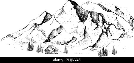 Cime, rocce e colline nella neve. Stazione sciistica. Illustrazione Vettoriale