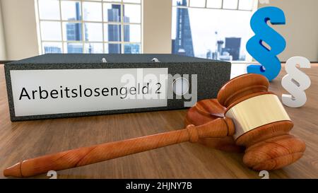 Arbeitslosengeld 2 - parola tedesca per l'indennità di disoccupazione o dole Money - testo sul fascicolo con martello di corte e simboli di paragrafo su una scrivania - 3D r Foto Stock