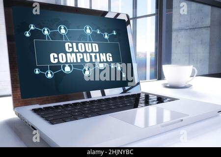 Testo sul cloud computing sullo schermo moderno di un notebook in ufficio. 3D rappresentazione del concetto di testo aziendale. Foto Stock