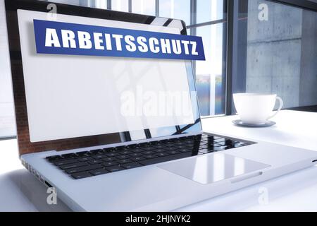 Arbeitsschutz - parola tedesca per la sicurezza del lavoro - testo sullo schermo moderno del portatile in ufficio. 3D rappresentazione del concetto di testo aziendale. Foto Stock