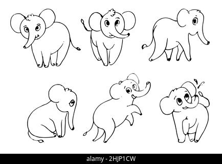 Set di allegri elefanti cartoni animati. Simpatico animale divertente. Schizzo di contorno. Il disegno a mano è isolato su sfondo bianco. Vettore Illustrazione Vettoriale