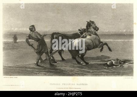 Illustrazione d'epoca di Ulisse che arava il Sea Shore Heywood Hardy, o Ulisse che teme follia Foto Stock