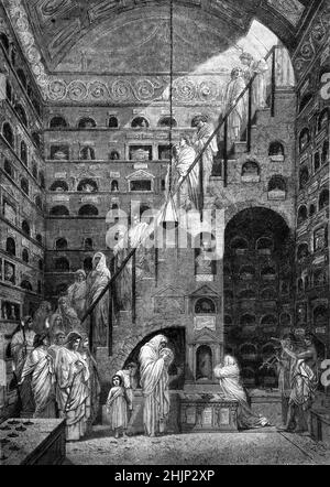 Funerali in un colombario a Roma. Illustrazione o incisione di pittura di Hector Leroux (1829-1900) 'Funérailles au columbarium de la maison césar à Rome, Porte Capéne, Rome'. Illustrazione o incisione vintage. Foto Stock