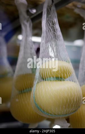 Delizioso Caciocavallo fresco e Scamorza formaggio appeso. Formaggi italiani da vicino. I formaggi sono fatti a mano. La produzione di formaggio Foto Stock