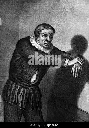 Grandmesnil o Grandménil, Stage Name of French Actor & playwright Jean-Baptiste Fauchard (1737-1816) nel ruolo di Harpagon, un personaggio centrale nel Miser o l'Avare di Molière. L'incisione si basa su un dipinto di Jean-Baptiste Francis Desoria (1758-1832). Illustrazione o incisione vintage. Foto Stock