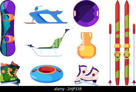 Oggetti da slittino invernali. Motoslitte sci snowboard slitte trasporto sportivo per attività di equitazione all'aperto garish vettoriale immagini in stile piatto Illustrazione Vettoriale