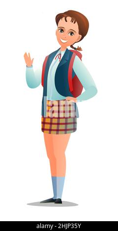 Studentessa piccola graziosa. Ragazza scolastica allegra in gonna a plaid. Posa in piedi. Cartoon design piatto in stile fumetto. Carattere singolo. Illustrazione Illustrazione Vettoriale