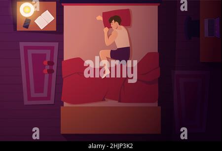 Vista dall'alto. Personaggi stanchi rilassarsi sul divano moderno camera da letto interno sognando persone esatto vettore cartoon sfondo colorato Illustrazione Vettoriale