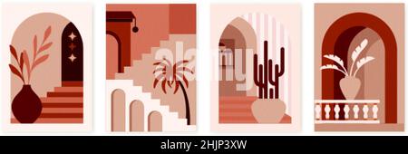 Stampa in stile bohémien. Arte contemporanea, poster estetici a parete con arco e scale marocchine. Antichi vasi, architettura bohémien vettore voluminoso Illustrazione Vettoriale