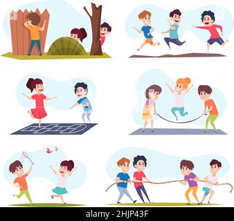 Bambini attivi. Ragazzi e ragazze che tirano la corda che corre saltando e giocando in giochi attivi outdoor esatto vettore colorato illustrazione set Illustrazione Vettoriale