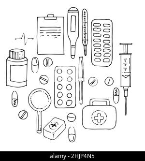 Set di forniture mediche. Pillole mediche e strumenti medici. Schizzo di contorno. Il disegno a mano è isolato su sfondo bianco. Vettore Illustrazione Vettoriale