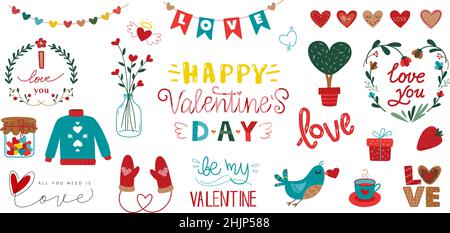 Adesivi per il giorno di San Valentino. Girly valentine, amore in vaso e tazza. Divertimento sente, ghirlande scrapbook elementi. Confezione di adesivi per diario o diario, vettore romantico Illustrazione Vettoriale