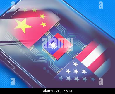 Taipei, Taiwan, 12th gennaio - 2022; Taiwan ha rappresentato come un microchip nell'illustrazione concettuale della crisi di sicurezza con le relazioni con la Cina. Foto Stock