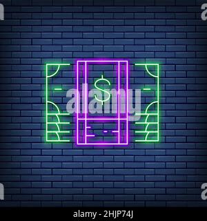 Fascio vettoriale di denaro, contanti, dollaro, cartello al neon per banconote. Illustrazione Vettoriale