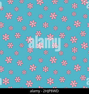 Modello senza cuciture con fiori rosa su sfondo blu nello stile cartoon del 70s Illustrazione Vettoriale