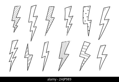 thunderbolt fulmineo. Stile di schizzo del doodle disegnato a mano. Icona del bullone dell'energia di flash elettrica. Illustrazione vettoriale. Illustrazione Vettoriale