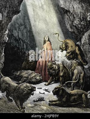 Representation de Daniel dans la fosse aux leons - Bible illustre par Gustave Dore (Daniele nella dene dei leoni) 19eme siecle Collection privee Foto Stock