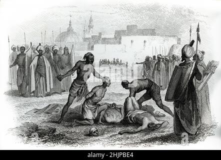 Representation du martire des freres Jacques de Podio et Jeremie lors de la pry du Chateau de Safed (safet ou saphet) en 1266 par le sultan d'Egypte Baybars (Assedio di Safed (1266)) gravure tiree de 'Histoire des missions catholiques' de Henrion 1846 Collection privee Foto Stock