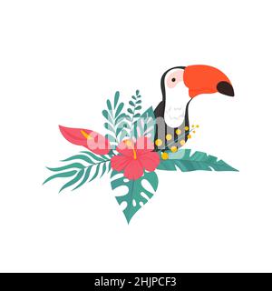 Toucan, uccello esotico, fiori tropicali, foglie di monstera, foglie di giungla. Composizione uccello del paradiso. Carino personaggio cartoon per bambini. Tropicale Illustrazione Vettoriale