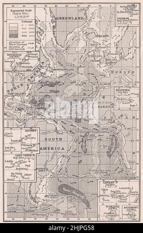 Mappa delle Isole dell'Atlantico che mostra profondità e correnti oceaniche. Isole dell'Atlantico (1923) Foto Stock