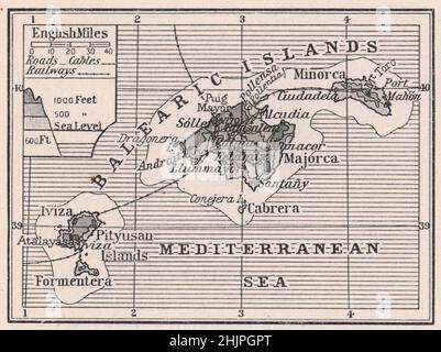 Mappa del contorno dell'Arcipelago delle Baleari. Spagna. Isole Baleari (1923) Foto Stock