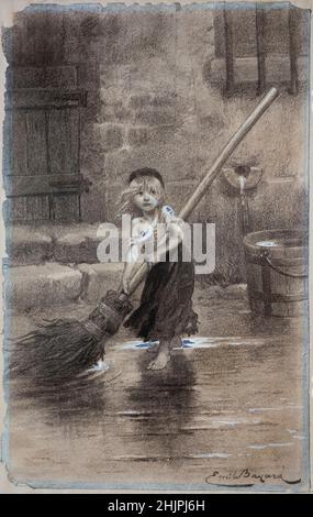 Young Cosette Woping: 1862 disegno per Les Miserables di Victor Hugo. Émile Bayard, illustratore francese [Emile-Antoine Bayard (1837-1891)], ha disegnato questo disegno di Cosette per la prima edizione. E' diventata emblematica dell'intera storia, essendo utilizzata nell'arte promozionale per varie versioni del musical. Foto Stock