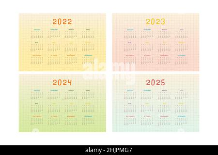 calendario 2022 2023 2024 2025 con simpatico disegno infantile multicolore. Illustrazione Vettoriale