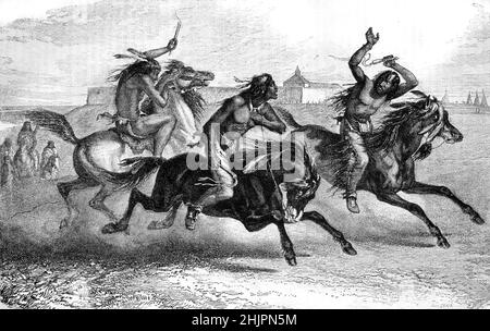 Corse di cavalli tra gli indiani Sioux o nativi americani. Illustrazione o incisione vintage 1865 Foto Stock