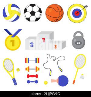 Grande set di attrezzature sportive e fitness. Palline da gioco, bersaglio con freccia, medaglia d'oro, piedistallo, manubri e peso. Corda da salto, tennis e. Illustrazione Vettoriale