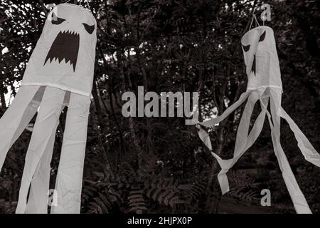 Halloween fantasmi fatti di carta, socialmente distanziati e soffiare nel vento su tutti gli Hallows Eve a Shrewsbury, Shropshire, West Midlands Foto Stock