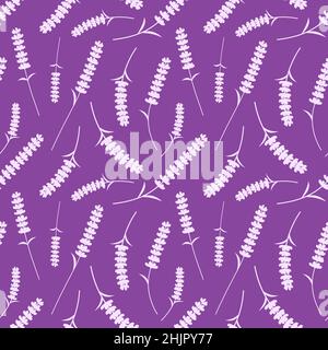 Motivo floreale senza cuciture. Silhouette di fiori di lavanda. Sfondo viola senza fine con fiore di lavanda. Illustrazione del vettore della molla. Illustrazione Vettoriale