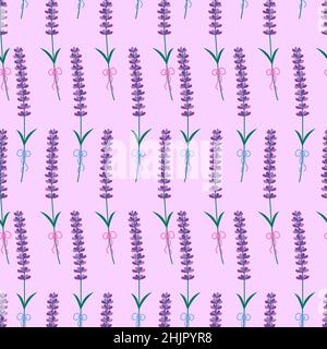 Fiori di lavanda senza cuciture pattern. Sfondo vettoriale rosa con steli isolati di fiori di lavanda. Design primaverile con elementi floreali. Illustrazione Vettoriale