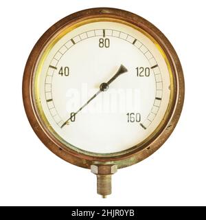 Antico misuratore di pressione industriale isolato su sfondo bianco Foto Stock