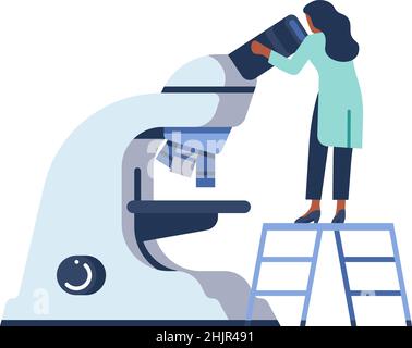Donna che guarda al microscopio. Lavoratore di laboratorio che fa la ricerca Illustrazione Vettoriale