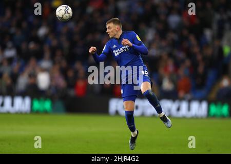 Cardiff, Regno Unito. 30th Jan 2022. Alfie Doughty di Cardiff City in azione. EFL Skybet Championship Match, Cardiff City contro Nottingham Forest al Cardiff City Stadium di Cardiff, Galles, domenica 30th gennaio 2022. Questa immagine può essere utilizzata solo a scopo editoriale. Solo per uso editoriale, licenza richiesta per uso commerciale. Nessun uso in scommesse, giochi o un singolo club/campionato/player pubblicazioni. pic di Andrew Orchard/Andrew Orchard sport fotografia/Alamy Live news credito: Andrew Orchard sport fotografia/Alamy Live News Foto Stock