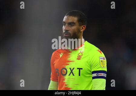 Cardiff, Regno Unito. 30th Jan 2022. Lewis Graban della foresta di Nottingham osserva sopra. EFL Skybet Championship Match, Cardiff City contro Nottingham Forest al Cardiff City Stadium di Cardiff, Galles, domenica 30th gennaio 2022. Questa immagine può essere utilizzata solo a scopo editoriale. Solo per uso editoriale, licenza richiesta per uso commerciale. Nessun uso in scommesse, giochi o un singolo club/campionato/player pubblicazioni. pic di Andrew Orchard/Andrew Orchard sport fotografia/Alamy Live news credito: Andrew Orchard sport fotografia/Alamy Live News Foto Stock