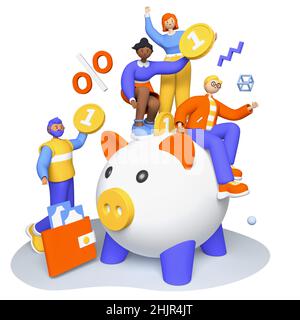 Risparmia denaro in Piggy bank - moderna illustrazione colorata 3D con personaggi cartoni animati. La gente allegra ha messo le monete nella scatola del denaro e le banconote in un portafoglio. Foto Stock