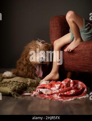 Un ragazzo e il suo cane si stancano dopo aver corso e giocato in casa Foto Stock