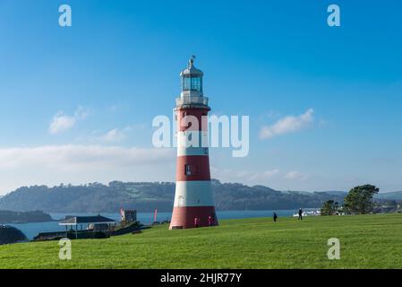 Smeaton's Tower, il vecchio faro di Eddystone, a Hoe Park, Plymouth, Devon, Regno Unito Foto Stock