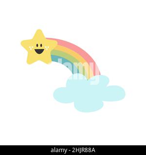 Arcobaleno e stella disegnati a mano. Icona della scuola materna dei bambini carina. Doccia per bambini. Bella stella cartoon per carta da parati, tessuto, imballaggio, abbigliamento. Illustrazione vettoriale. Illustrazione Vettoriale