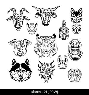 Animali cinesi zodiacali su sfondo bianco. Illustrazione Vettoriale