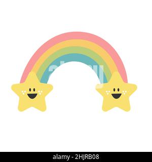 Arcobaleno e stella disegnati a mano. Icona della scuola materna dei bambini carina. Doccia per bambini. Bella stella cartoon per carta da parati, tessuto, imballaggio, abbigliamento. Illustrazione vettoriale. Illustrazione Vettoriale